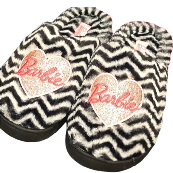 Barbie Zebra Print Glitter Heart‎ Logo Memory Foam Slippers - Picture 1 of 8